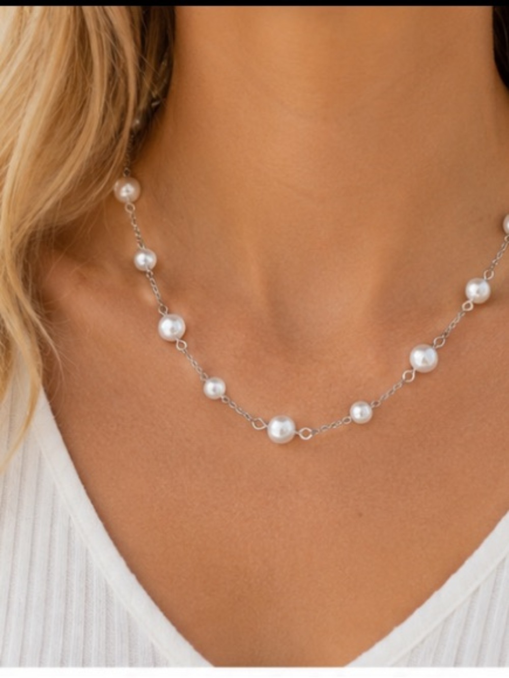 Vintage Napier White Faux Pearl Station Necklace Silver Tone 16” Signed - Picture 4 of 7